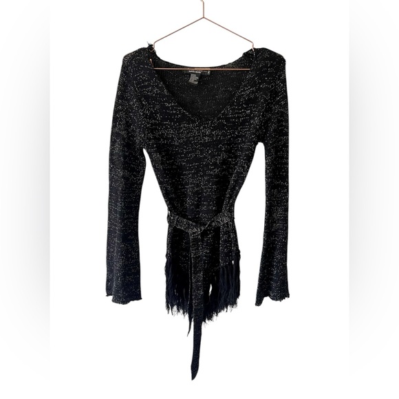 Rampage black sparkly long sleeve belted sheer knit top with fringe M - Picture 4 of 11